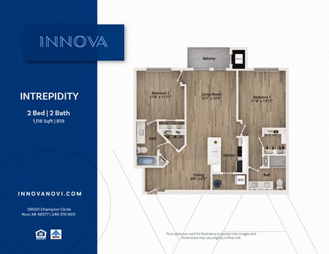 Floor plan for 2 beds, 2 baths, 1118 sqft